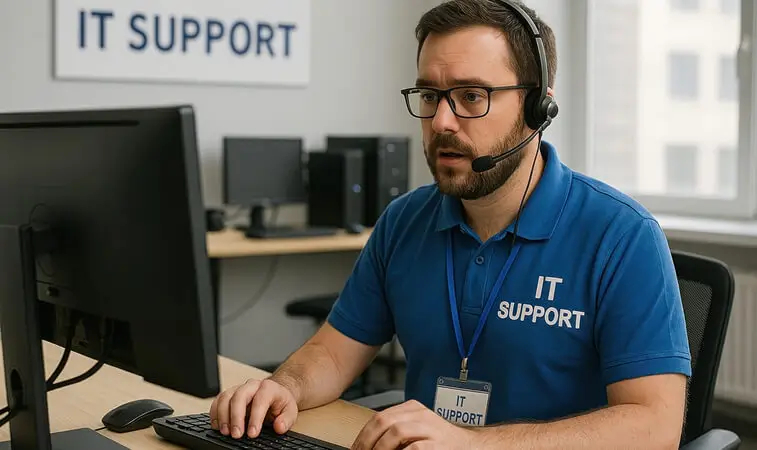 Specialist Hyper Target la birou, cu căști, gestionând campanii